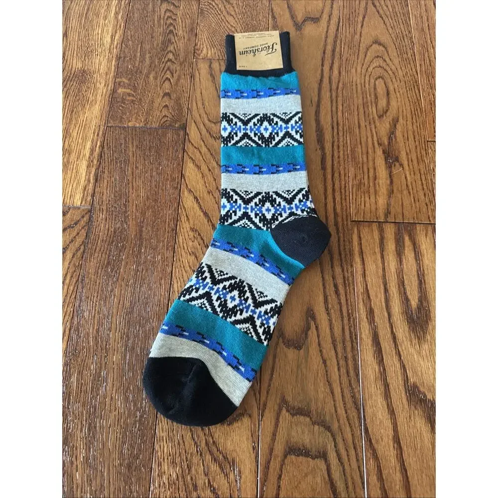 Florsheim Shoe Company Mens Fair Isle Geometric Crew‎ Socks Teal Blue Black 8-13